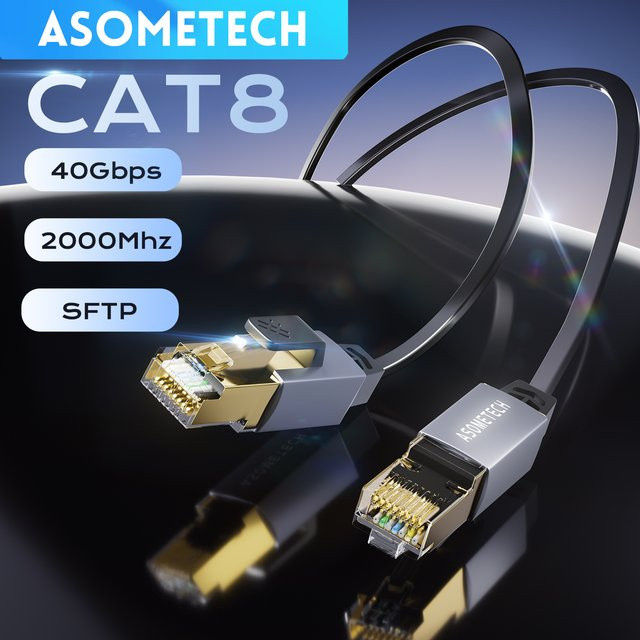 ASOMETECH Cat 8 Ethernet-Kabel S/FTP mit vergoldetem RJ45-Anschluss, 40 Gbit/s und 2000 MHz, Schwarz/Gold - Bild 1