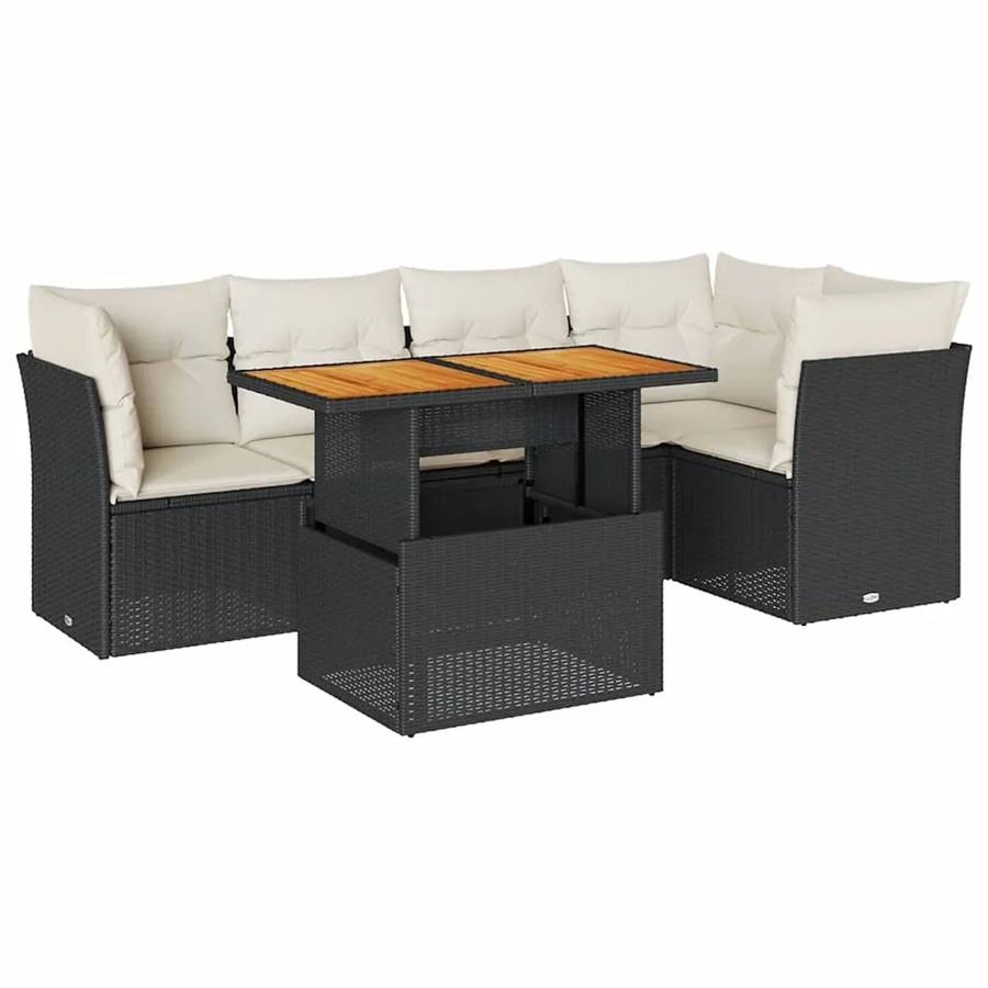 vidaXL 6-teilige Garten-Sofagarnitur aus Poly-Rattan und Akazienholz in Schwarz-Creme mit Kissen - Bild 2