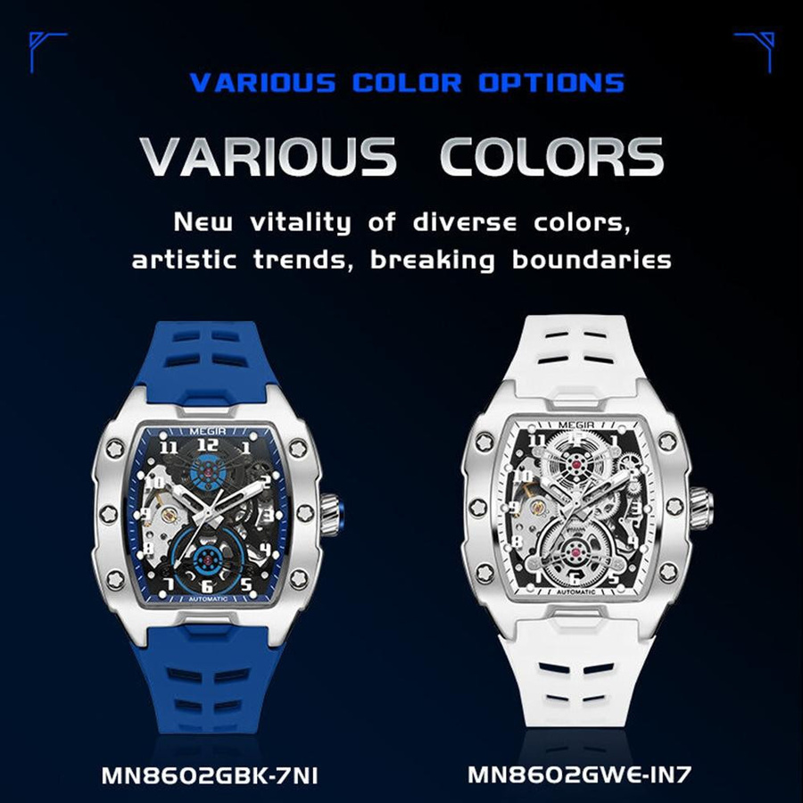 Megir Armbanduhr, Automatik, Tonneau, Edelstahl, Blau, Schwarz, Herren - Bild 1