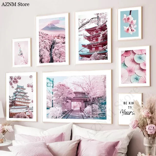 Potdemiel Japanische Wandkunst Rosa Sakura Mount Fuji Tower mit Schmetterlingen und Blumen - Bild 1