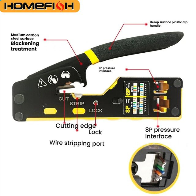 HOMEFISH 6088 Multifunktionale Crimpzange für Durchgangsverbinder 8P6P Dual-Use-Zange für RJ45-Punch-Down und RJ45-Kristallstecker in Gelb-Schwarz - Bild 1
