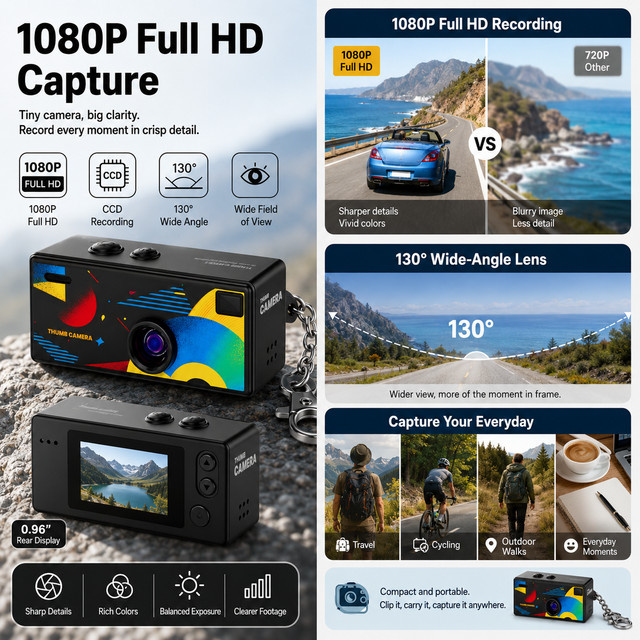 Tragbare Mini Daumenkamera mit 1080P Full HD, 130 Grad Weitwinkelobjektiv und eingebautem Blitz als Schlüsselanhänger für Outdoor und Reisen - Bild 1