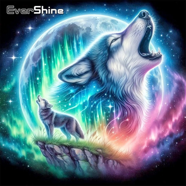 EverShine Diamant-Stickerei Wolf Mosaik Tier als 5D Kunstgemälde mit Mondbild in Mehrfarbig - Bild 1