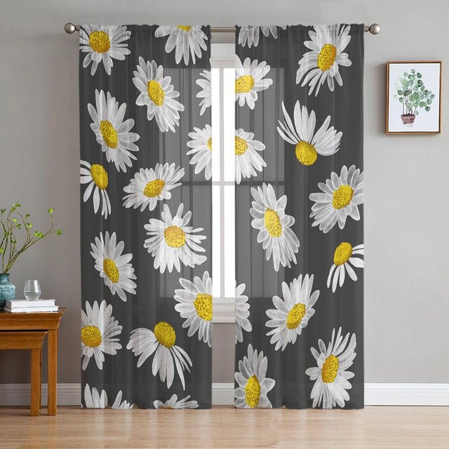 A Family Of Home Textiles Gänseblümchen Chiffon Vorhang mit Aquarell Textur in Schwarz, Breite: 135 cm, Höhe: 114 cm - Bild 1