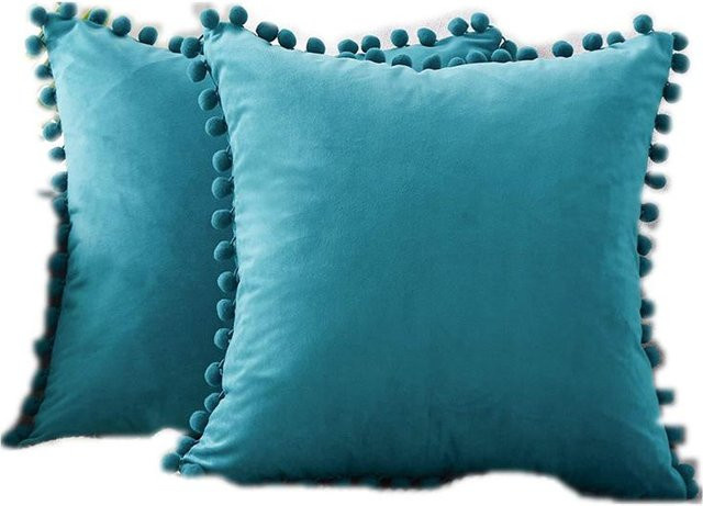 Dekorativer Samt Kissenbezug mit Bommel von Yiran Furniture in Navy Blau, B/H: 30 x 50 cm - Bild 1