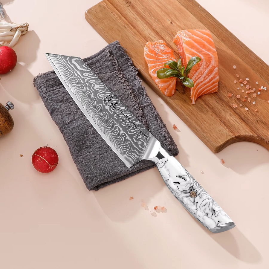 SHANGDAO Japanisches Kiritsuke-Messer aus Damaszener VG10 Stahl mit Tinte-und-Waschharz-Griff, 8 Zoll Professionelles Küchenchefmesser - Bild 3