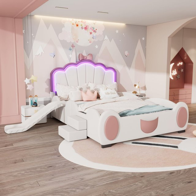 Flieks Polsterbett Kinderbett mit LED-Farbwechsellicht, Rutsche und Leiter, rosa/weiß, B/T/H: 208 x 250 x 126 cm - Bild 1