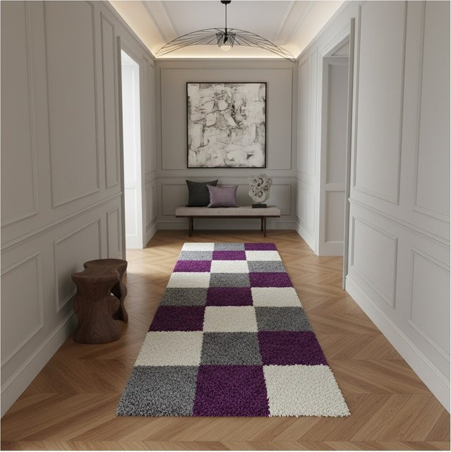 Hochflor Teppich RHEIN von Kadima Design in Violett, kariert, B/T: 80 x 250 cm - Bild 1