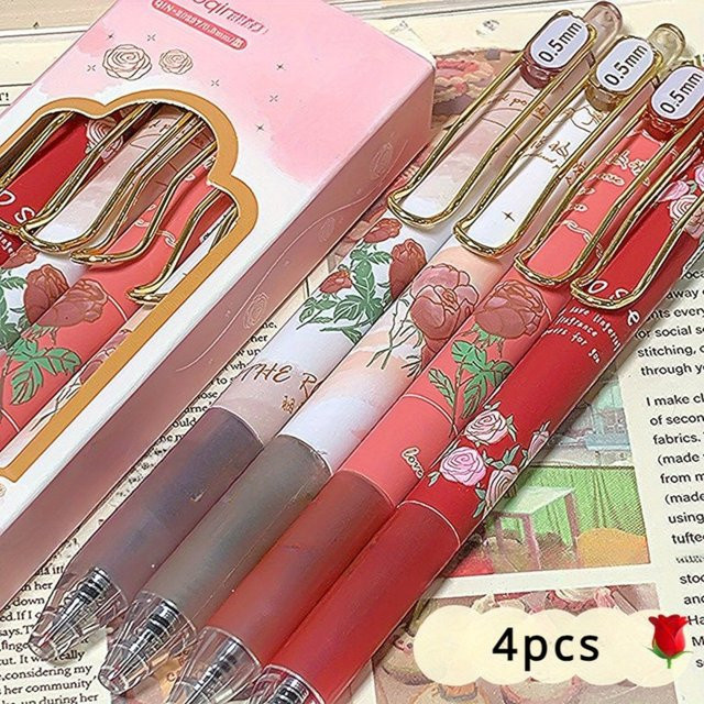 4er-Set Gel-Tintenstifte mit Blumen-Design, 0,5 mm Spitzendurchmesser, schwarze Tinte, ästhetische Schreibgeräte für Schule und Büro - Bild 1