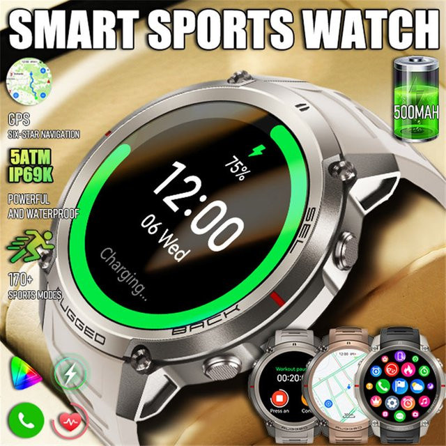 GUHUAVMI Outdoor-Sport-GPS-Smartwatch mit 1,43-Zoll-Bildschirm, Offline-Karte, NFC, Bluetooth-Anruf und 5ATM Wasserdichtigkeit in Gold - Bild 1