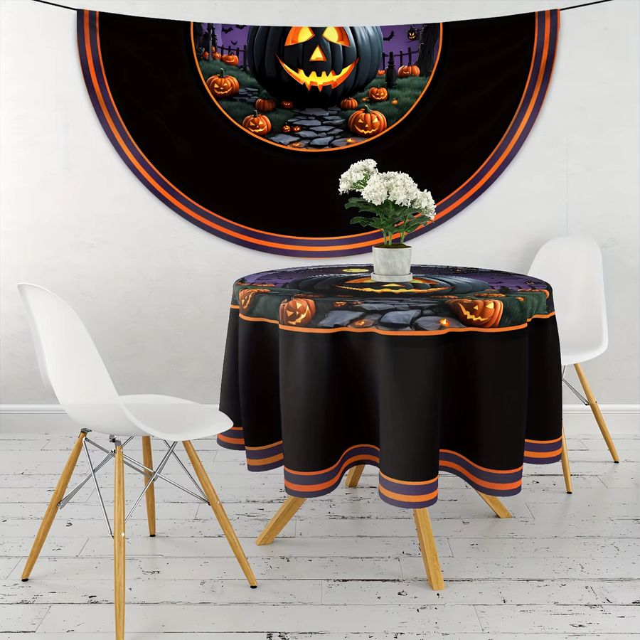 VIKAMA Halloween Tischdecke in Schwarz mit Kürbis, Fledermaus und Grabstein Muster, rund und wasserdicht - Bild 2