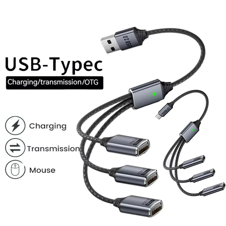 NNBILI 3-in-1 USB A und Typ-C Splitter HUB Erweiterungskabel Multi-Port-Expander OTG Ladeadapter für Smartphones in Schwarz - Bild 1