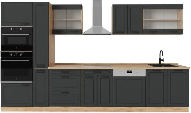 Vicco R-Line Küchenzeile Landhausstil in Anthrazit und Eiche, Breite: 350 cm, Höhe: 207,4 cm, Tiefe: 60 cm - Bild 1