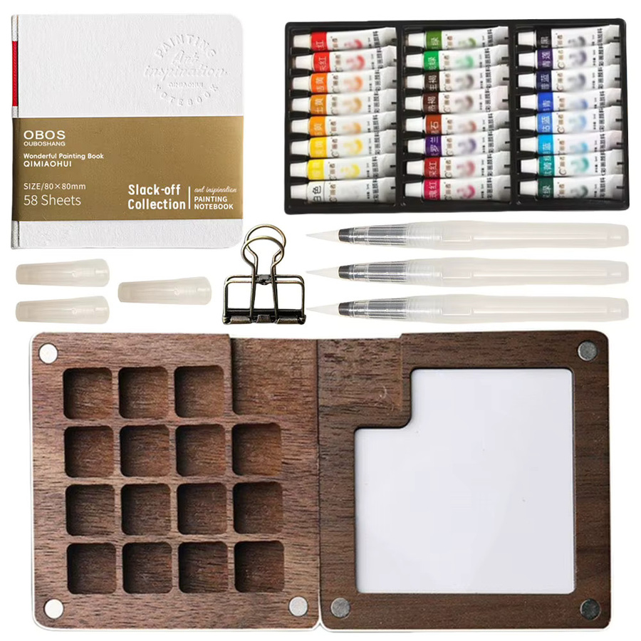 Tragbares Mini Aquarellfarben-Set in einer Holzbox mit 8 oder 15 Fächern, Mehrfarbig - Bild 2