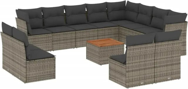 vidaXL 13-tlg. Garten-Sofagarnitur in L-Form aus Poly-Rattan und Akazienholz mit Kissen, Grau - Bild 1