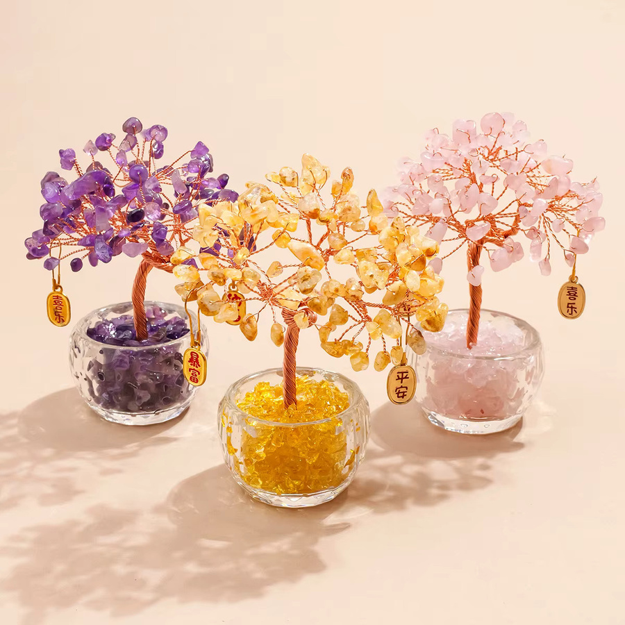 Runyangshi Kristallbaum aus Citrin, Rosenquarz und Amethyst in den Farben Gelb, Rosa und Violett als dekoratives Tischornament - Bild 3