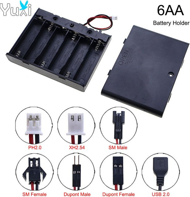 YuXi Batteriehalterbox für 6 AA-Batterien mit Ein-/Aus-Schalter und Anschlussleitungen PH2.0, XH2.54 und USB 2.0, Schwarz - Bild 1
