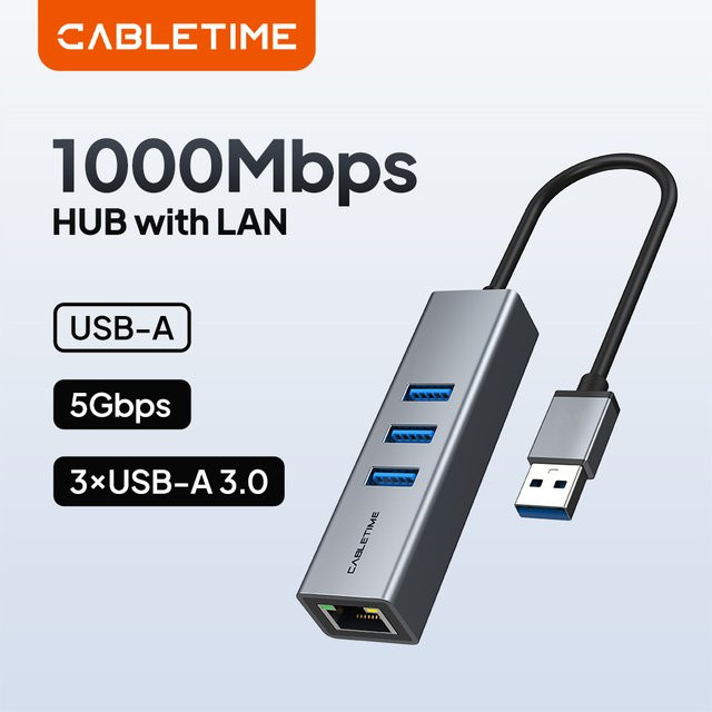 CABLETIME USB 3.0 Gigabit Ethernet-Adapter mit 3-Port-USB-Hub, RJ45 LAN-Netzwerkkarte für MacBook und Laptop, Grau - Bild 1