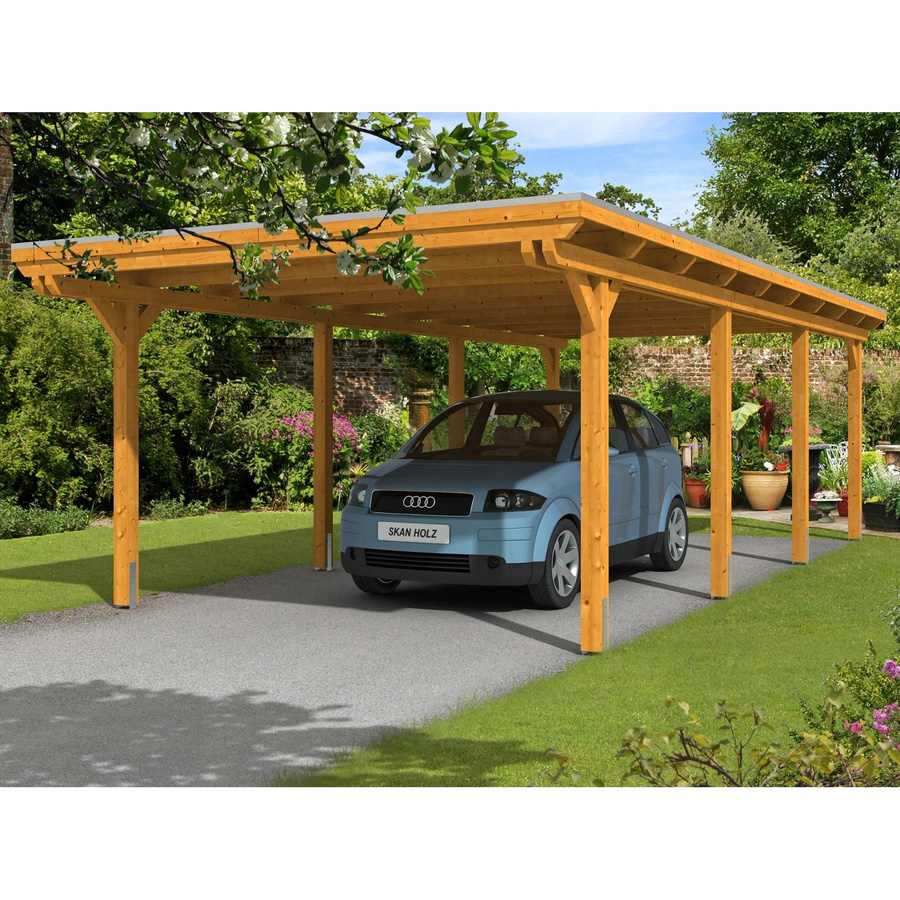 Skan Holz Carport Emsland in Eiche hell, B/T: 404 x 846 cm, Firsthöhe: 242 cm, farbbehandelt braun - Bild 2