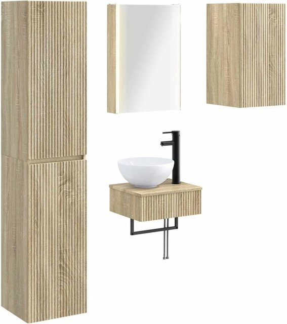 vidaXL Badezimmermöbel-Set 5-teilig in Sonoma-Eiche mit Spiegelschrank, Wandschrank und LED-Beleuchtung, Farbe: Braun - Bild 1