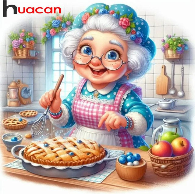 Huacan 5D Diamantmalerei DIY Set Cartoon Großmutter beim Kochen als Wanddekoration in Mehrfarbig - Bild 1