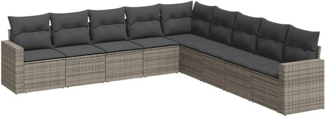 vidaXL 9-tlg. Garten-Sofagarnitur in Grau aus Poly-Rattan mit Kissen und Stauraum - Bild 1