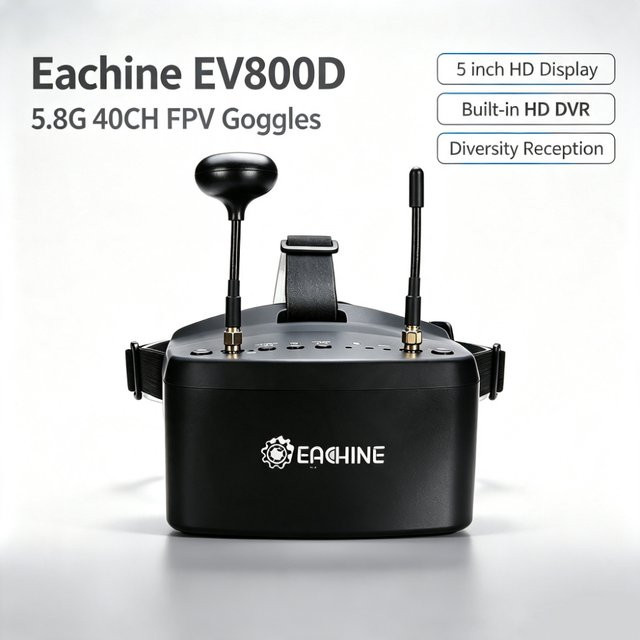 Eachine EV800D FPV-Brille in Schwarz mit 5,8GHz 40CH, 5 Zoll 800x480 HD DVR und Diversity Dual RX5808 PRO Empfänger mit abnehmbarem Bildschirm für deine FPV-Drohne - Bild 1