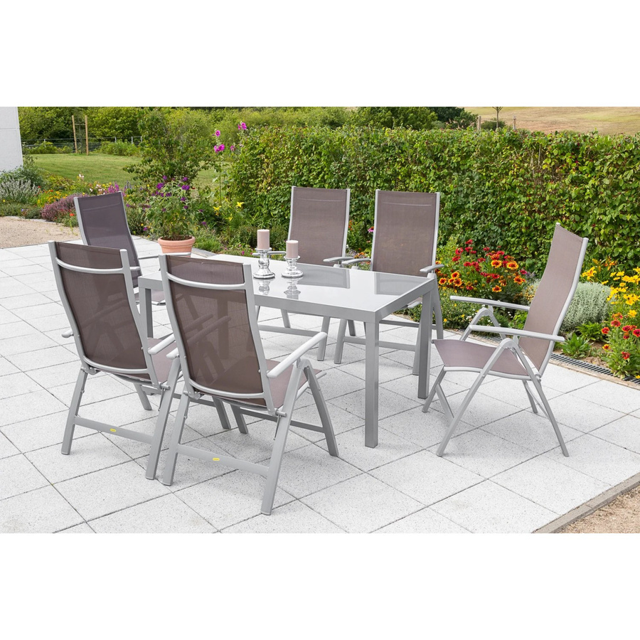 Merxx Gartenmöbelset Carrara in Silber und Taupe mit Tisch und 7 Sitzplätzen aus Aluminium, Textil und Sicherheitsglas, Tisch Breite: 150 cm, Tiefe: 90 cm, Höhe: 76 cm - Bild 3