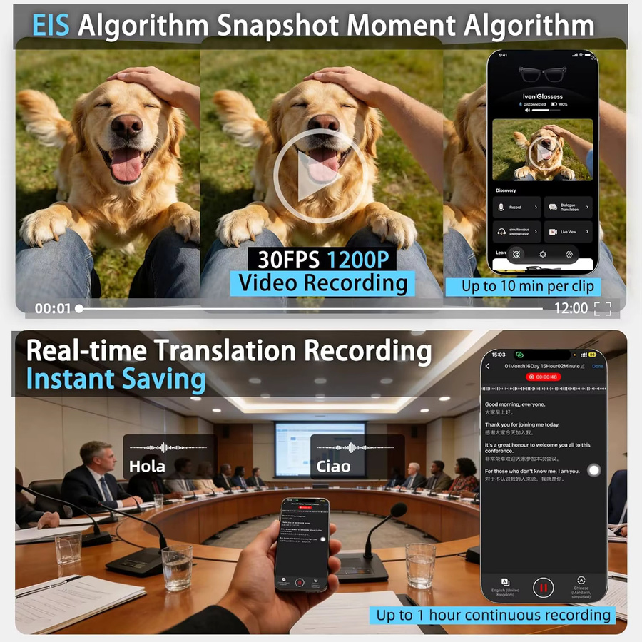 GUHUAVMI KI-Smart-Brille mit 8MP Anti-Shake Bluetooth-Kamera, 1080p Videoaufnahme, KI-Übersetzung, Open-Ear-Kopfhörer und Sprachassistent in Schwarz und Transparent - Bild 2
