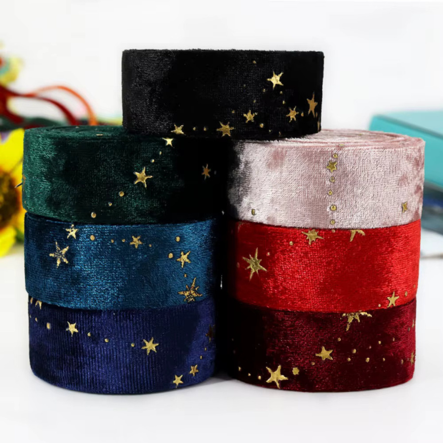 Rote Samtbänder mit doppelseitiger Heißprägung und Sternen für DIY-Geschenkverpackungen, Hochzeiten und Dekorationen - Bild 1