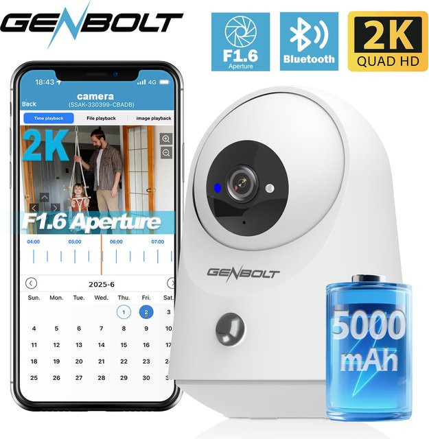 GENBOLT 2K WLAN Sicherheitskamera mit 5000mAh Akku, Schwenk-Neige-Funktion und PIR-Bewegungserkennung, Weiß - Bild 1