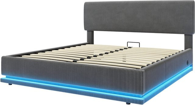okwish Polsterbett mit LED-Kopfteil und USB-Ladeport, Grau, B/T/H: 160 x 200 x 112 cm - Bild 1