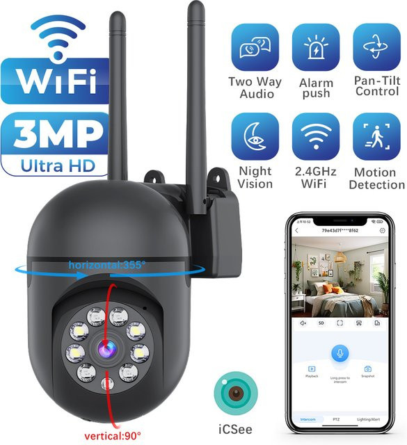 Woolink 3MP WLAN Smart Home Überwachungskamera mit Schwenk- und Neigefunktion, Farbnachtsicht und Bewegungserkennung, Schwarz - Bild 1