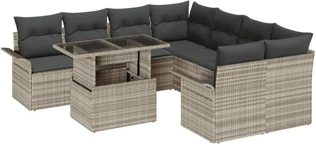 vidaXL Garten-Sofa-Set aus Poly-Rattan in Hellgrau, 9-teiliges L-Shape Lounge-Set mit Kissen und Tisch - Bild 1