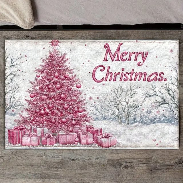 VIKAMA Weihnachts-Teppich mit Schnee- und Weihnachtsbaum-Muster in Pink für Wohnzimmer und Eingangsbereich - Bild 1