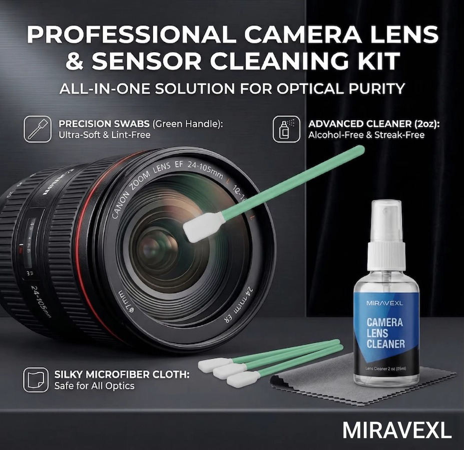 MIRAVEXL Kameraobjektiv-Reinigungsset mit Mikrofasertuch, Sensor-Reinigungstupfer und Doppelsprühflasche für DSLR, Brillen, VR-Bildschirme und Optiken, Mehrfarbig - Bild 2