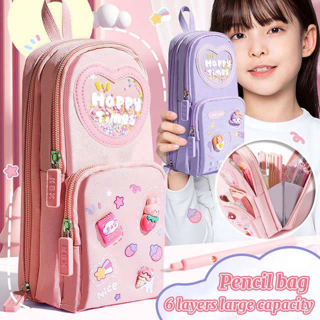 Dreischichtiges Federmäppchen in Rucksackform für Mädchen in Pink mit großer Kapazität und Textilmaterial - Bild 1