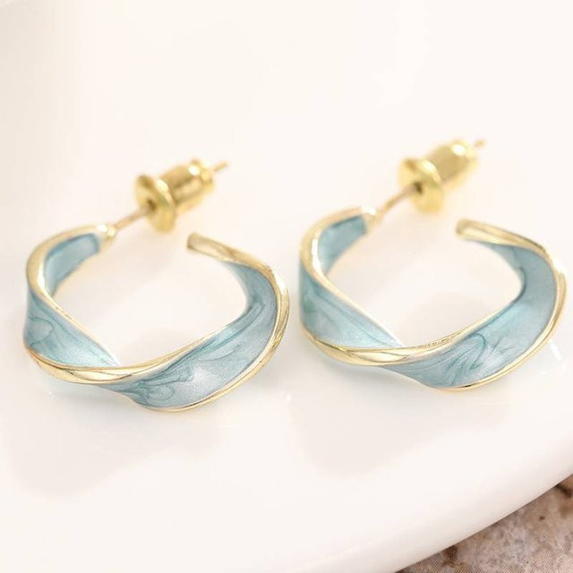 Huitan Creolen, blaues Emaille-Twist-Design, goldfarben, Damen - Bild 1