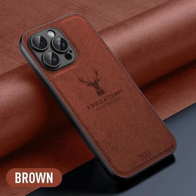 Stoßfeste iPhone Schutzhülle mit Hirschkopf Muster aus Stoff und Leder in Braun für Apple iPhone 16 Pro Max bis iPhone 7/8 Plus - Bild 1