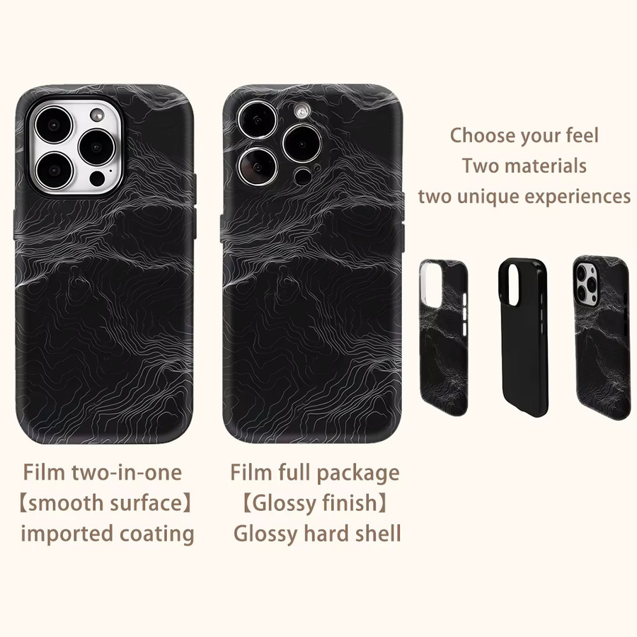 Handyhülle mit weißen Linien auf schwarzen Wellen für Apple iPhone 17 Pro Max, 16, 15, 14, 13, 12, 11, 17AIR, 16E, Plus – Doppelschichtige Rückseite in Schwarz und Weiß - Bild 3