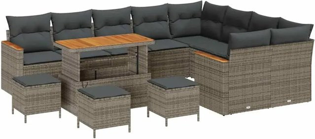 vidaXL Garten-Sofa-Set aus Polyrattan in Grau mit 13-teiliger Polstergarnitur inklusive Kissen, Ottomane und Couchtisch - Bild 1