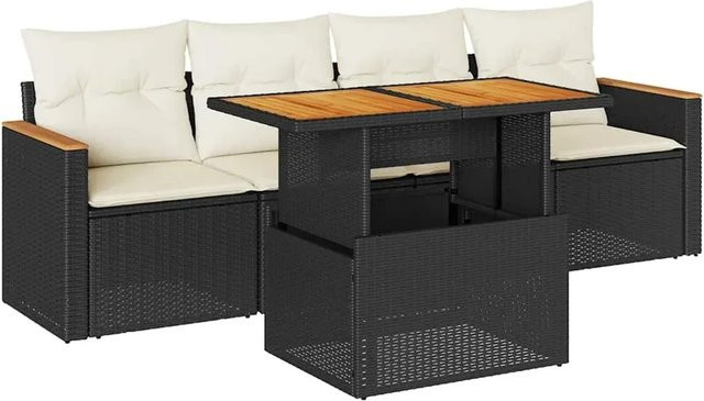vidaXL 5-teilige Garten-Sofagarnitur in L-Form aus Polyrattan und Akazienholz mit Kissen in Schwarz-Creme - Bild 1
