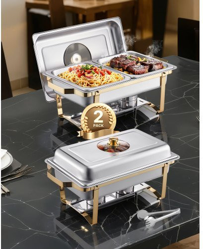 VEVOR Chafing Dish Buffet Set aus Edelstahl mit 4 halben Behältern à 4 Liter, rechteckiger Speisenwärmer mit Glasdeckel, Wasserpfanne, Ständer und Brennstoffhalter, Farben: Gold oder Silber - Bild 1