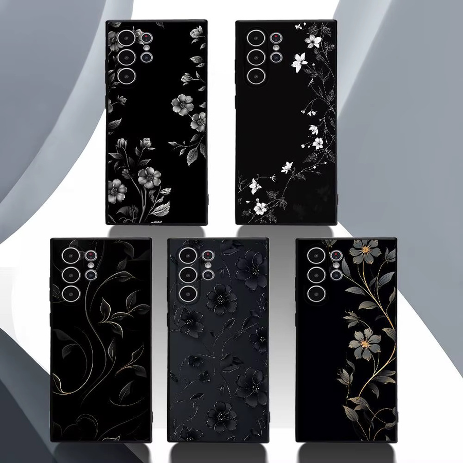 Luxus Handyhülle mit Blumenmuster in Schwarz für Samsung Galaxy S25 S24 S23 S22 S21 S20 Ultra Plus, mattes Softcover - Bild 5