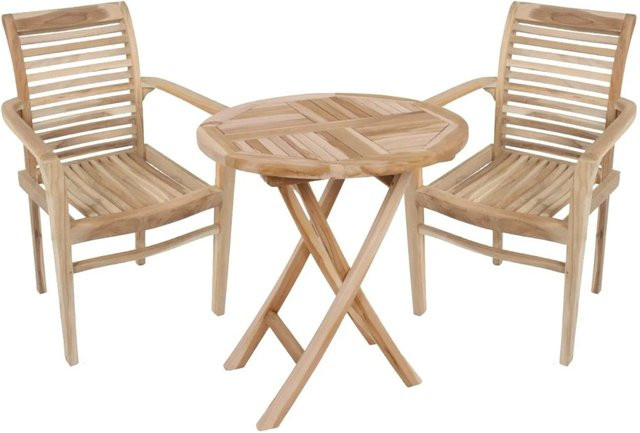 DELUKE Balkonmöbel-Set MIKA 3-teilig aus Teak in Teakbraun mit rundem Tisch und Stühlen für Garten, Terrasse und Balkon - Bild 1