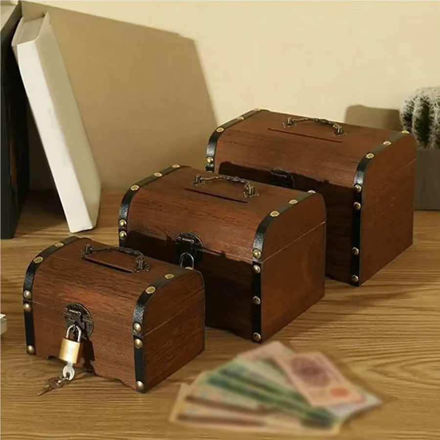 LEENKEA Retro Spardose aus Holz mit Schloss und Schlüssel, dekorative geometrische Schatzkiste, B/T/H: 14,5 x 10,0 x 9,5 cm - Bild 3