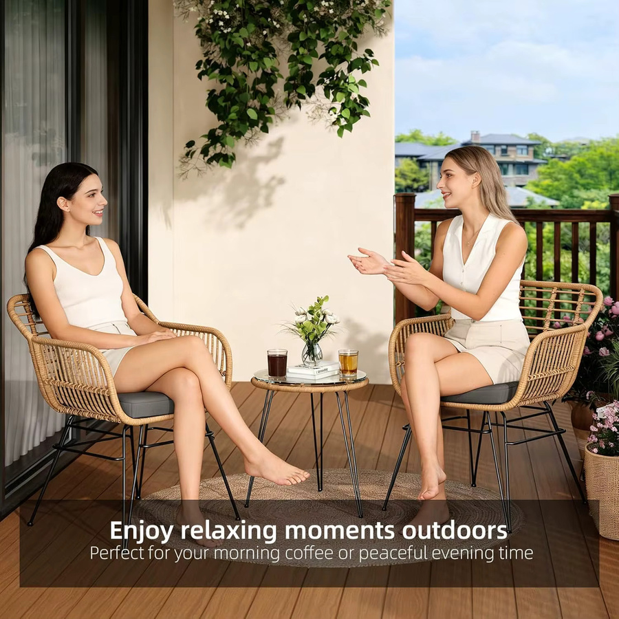 HiMISS 3-teiliges Rattan-Bistro-Set mit Tisch und Glasplatte sowie 2 gepolsterten Sesseln in Gelb und Schwarz - Bild 4