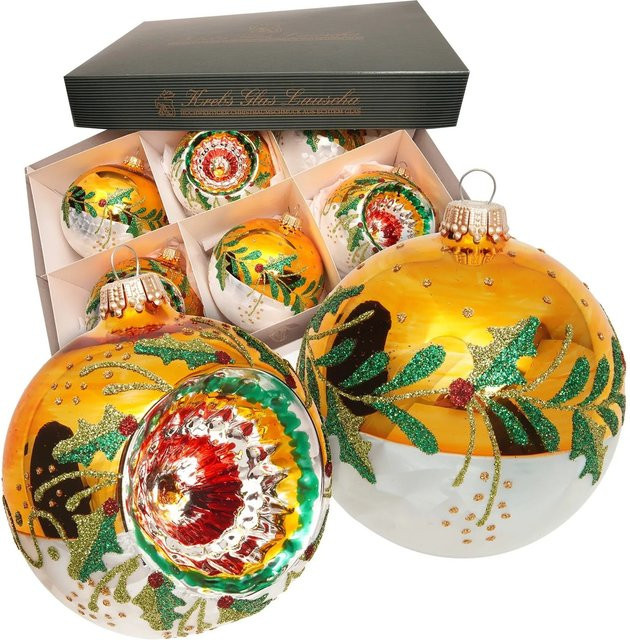 Krebs Glas Lauscha Weihnachtskugel Reflex Winterzweige Goldfarben, Durchmesser: 8 cm - Bild 1