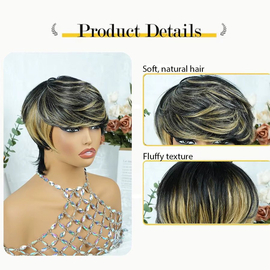 OYM HAIR Perücke, Pixie-Schnitt, schwarz mit blonden Highlights, Damen - Bild 3