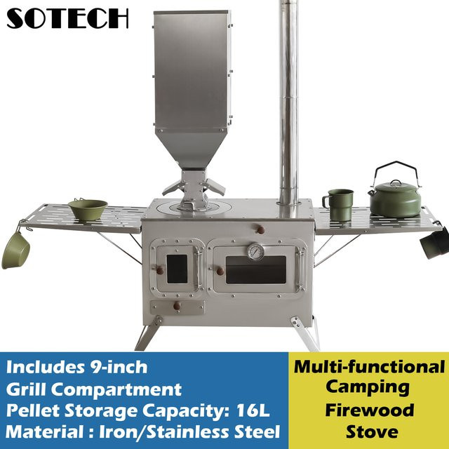 SOTECH Tragbarer Holzofen aus Edelstahl mit Backofen und Schornstein für Camping und Outdoor-Kochen in Silber - Bild 1